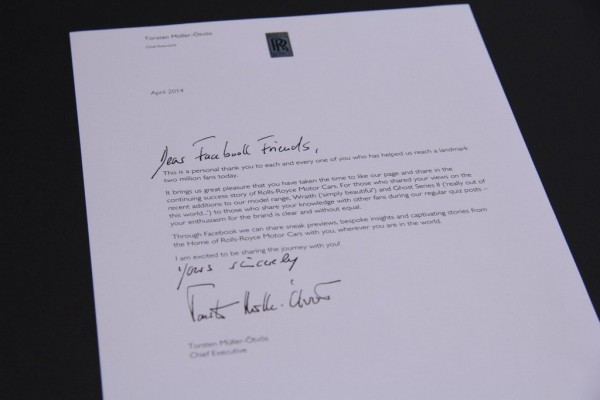 Rolls Royce Celebrates 2 Millionth Facebook 600x400 at Rolls Royce Celebrates 2 Millionth Facebook Fan with a Letter